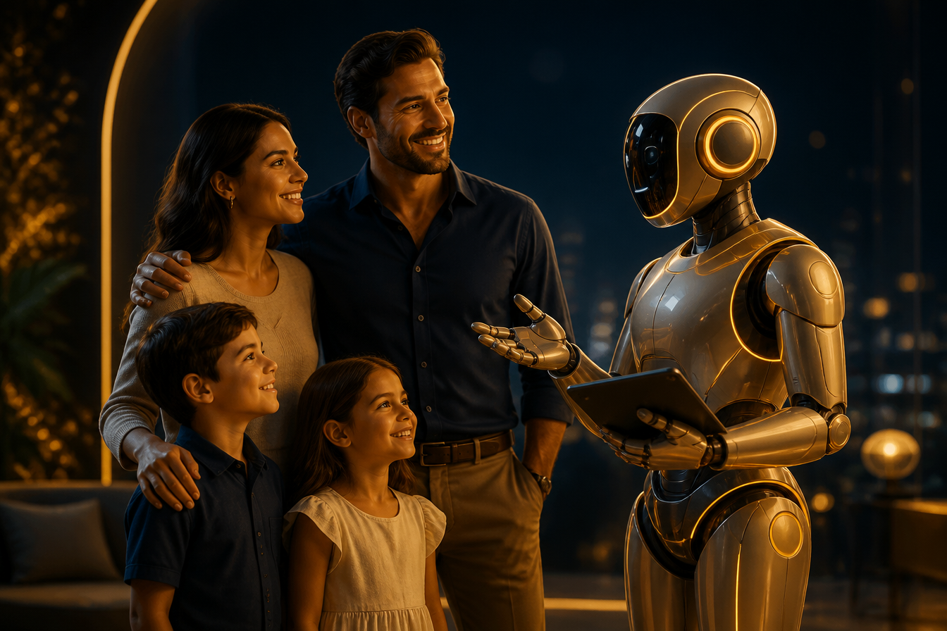 Família e profissional ao lado de um assistente robô dourado, representando a IA da Really Intelligence trabalhando por eles
